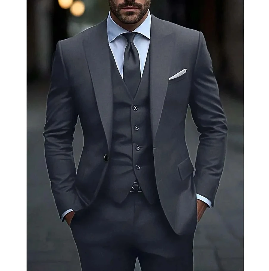 Men’s, Heather Grey (Slim Fit) Peak Lapel 3-Pc. Suit – High Quality!